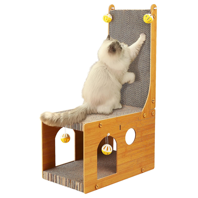 Fluffy white cat scratching tall cardboard scratcher with bamboo house base and yellow bell balls