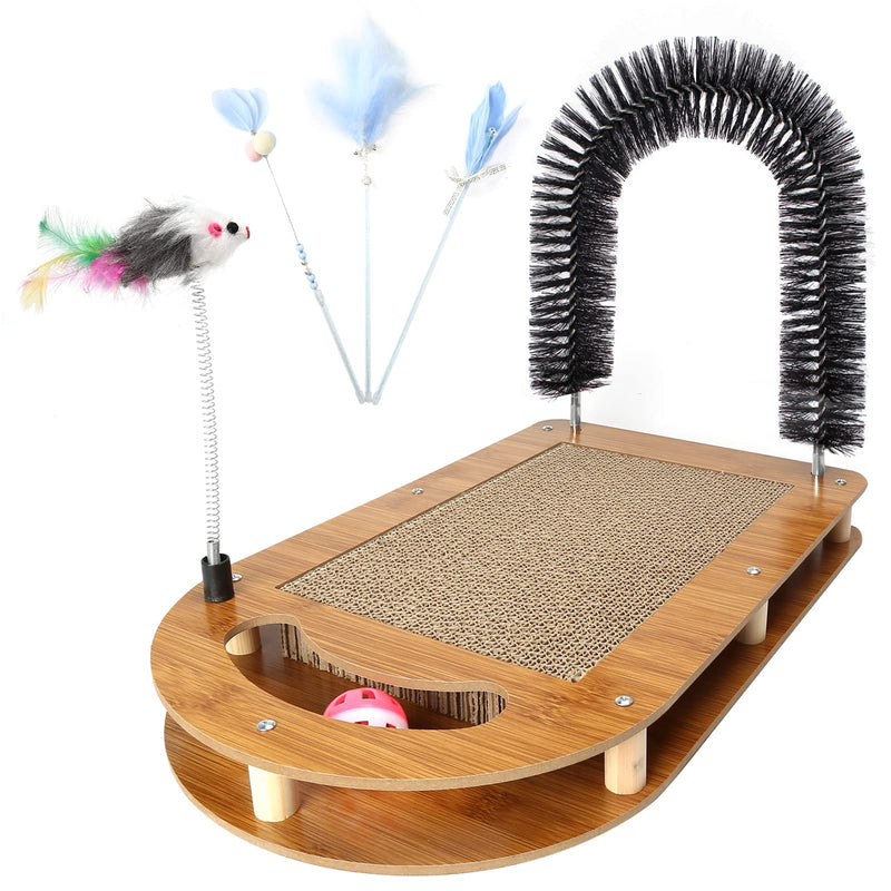 Bamboo cat scratcher station with arch grooming brush spring toy and feather wands