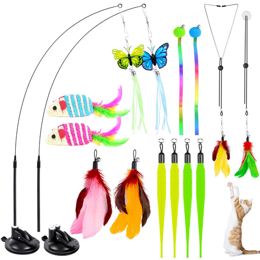 Complete cat toy collection with feather wands, butterflies, fish toys, ribbons and suction stands