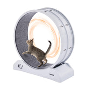 Tabby cat walking inside white VEVOR exercise wheel with warm LED light glow