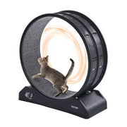 Tabby cat running inside black VEVOR cat exercise wheel with warm amber LED light