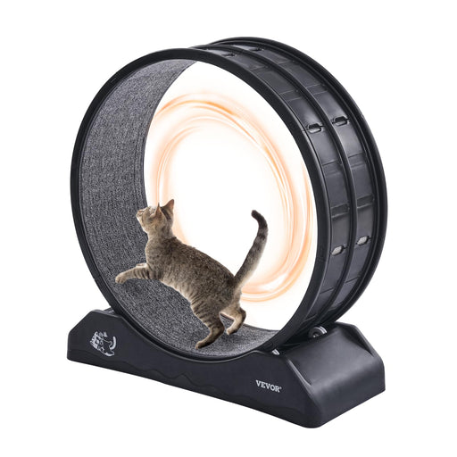 Tabby cat running inside black VEVOR cat exercise wheel with warm amber LED light