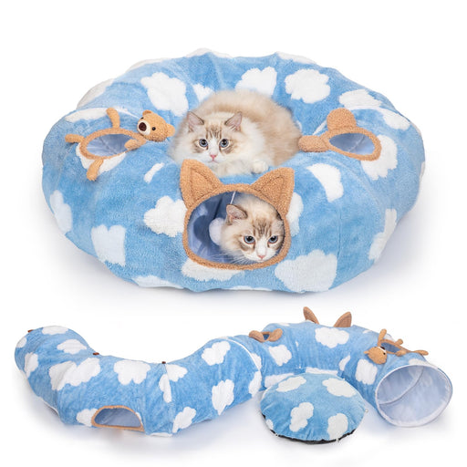 Blue cloud pattern cat tunnel bed shown assembled and disassembled with two kittens playing