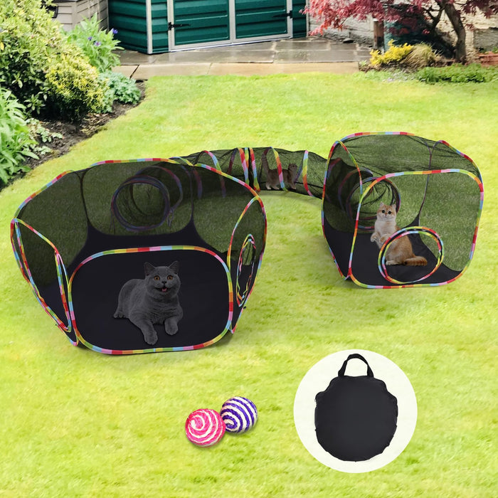 Multi-level cat tunnel playground with rainbow trim set up on green lawn with two cats inside