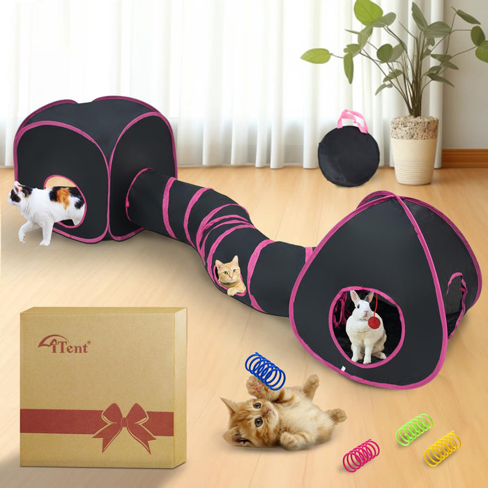 Black and pink cat tunnel system with multiple cats playing, product box and spring toys included