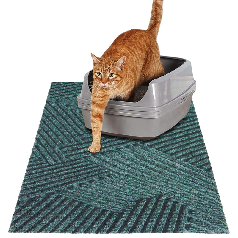 Orange tabby cat stepping out of gray litter box on teal geometric patterned mat
