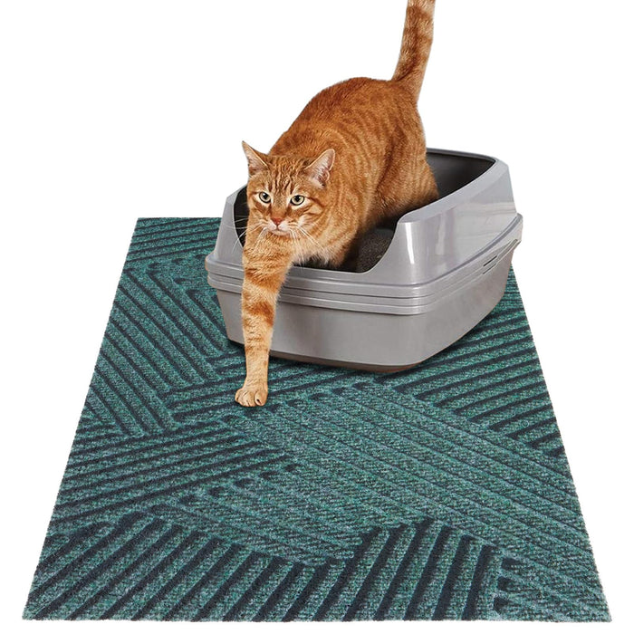 Orange tabby cat stepping out of gray litter box on teal geometric patterned mat