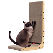 Siamese cat using L-shaped wall mounted corrugated cardboard scratcher with wooden frame