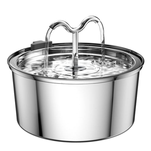 Stainless steel cat fountain with dual water streams flowing from heart-shaped spout into bowl