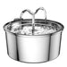 Stainless steel cat fountain with dual water streams flowing from heart-shaped spout into bowl