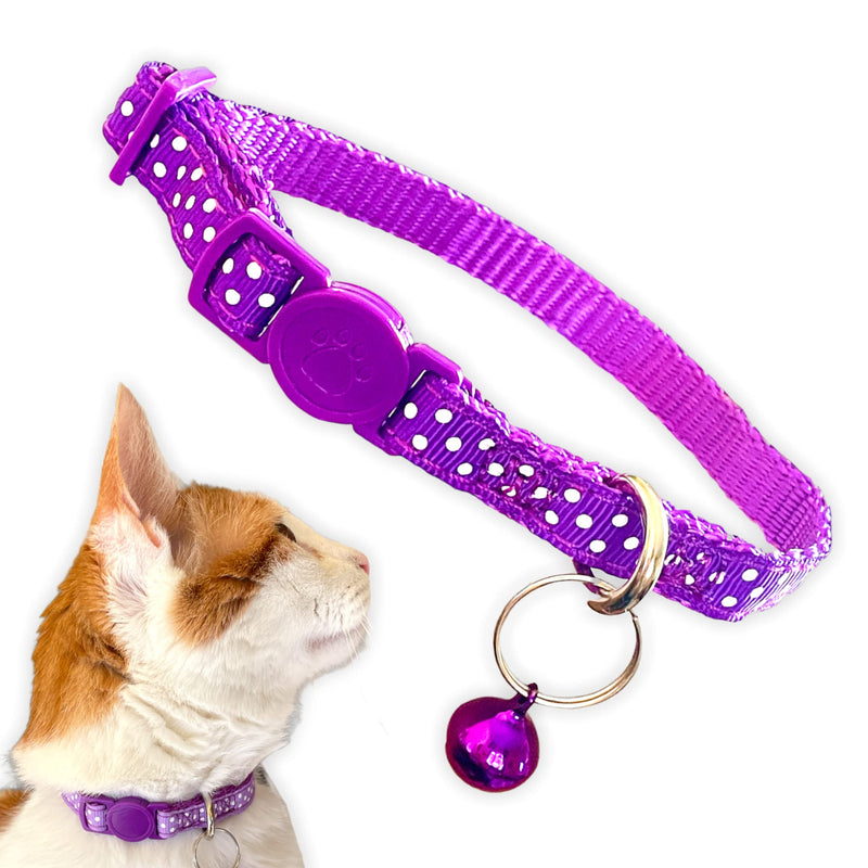 Orange and white cat wearing purple polka dot breakaway collar with bell and safety buckle
