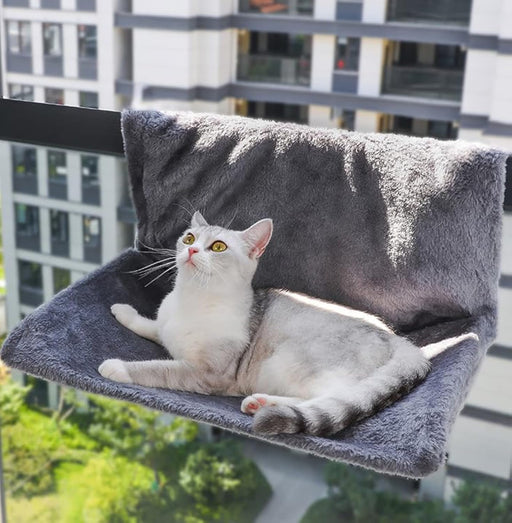 White and grey cat relaxing in cozy grey window hammock with city buildings in background