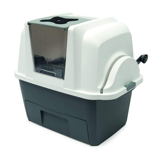 White and teal Catit SmartSift self-cleaning litter box with transparent front door and handle