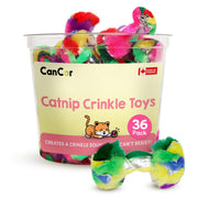 36-pack bucket of colorful catnip crinkle dumbbell cat toys made in Canada