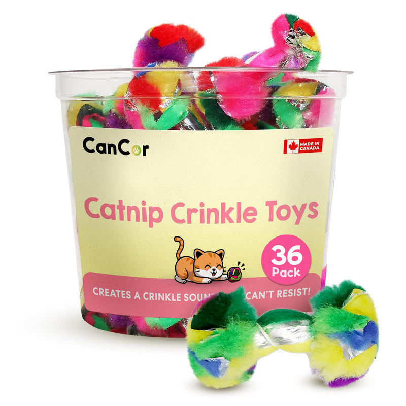 36-pack bucket of colorful catnip crinkle dumbbell cat toys made in Canada