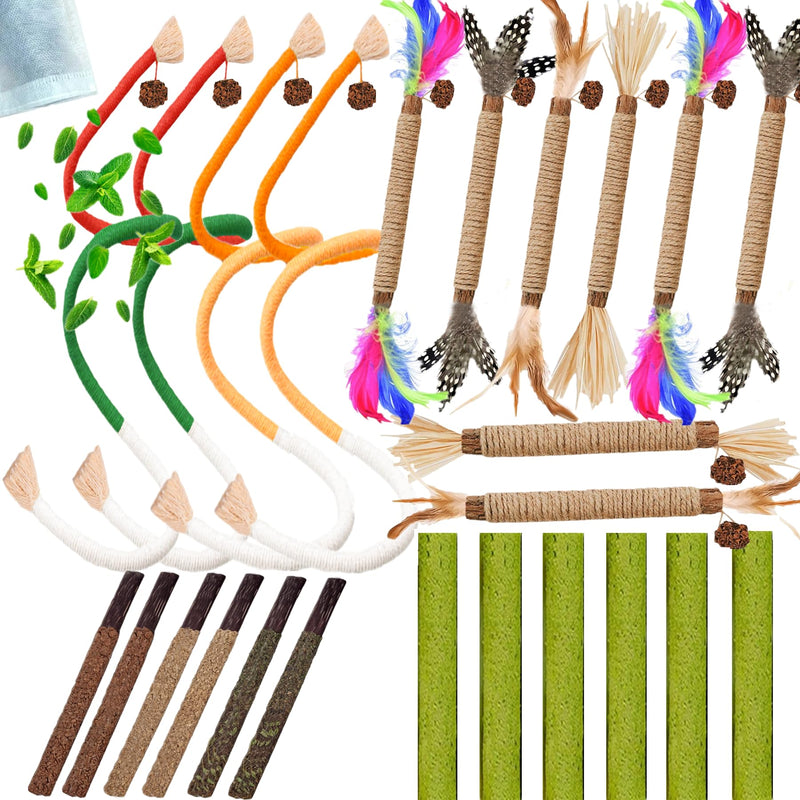 24-pack cat toys including feather wands colorful rope toys chew sticks and green grass sticks