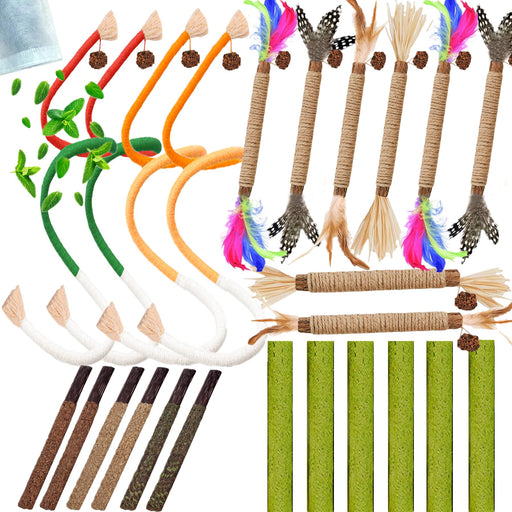 24-pack cat toys including feather wands colorful rope toys chew sticks and green grass sticks