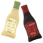 Two plush wine bottle cat toys labeled MosCato 1994 and CATbernet 1992 vintage