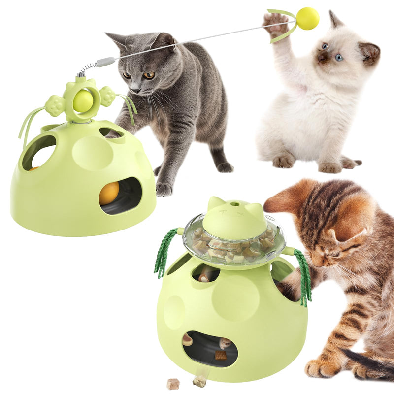 Three cats playing with green interactive puzzle toys featuring balls, wands and treat dispensers