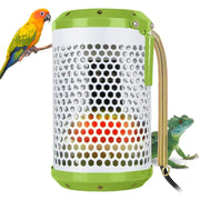 White ceramic bird heater with hexagonal vents, green top and base, colorful parrot and iguana