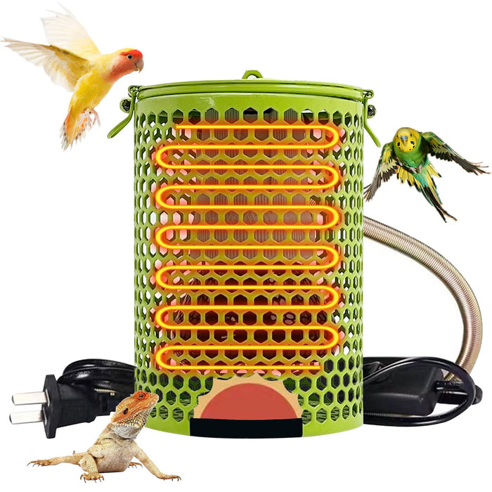 Green ceramic heat lamp with protective cage, heating coil visible, surrounded by colorful birds
