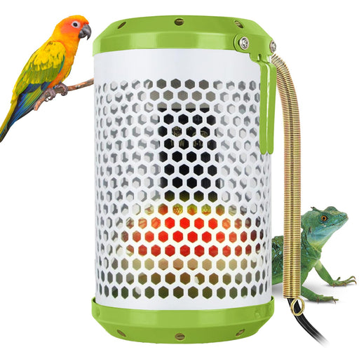 75W ceramic bird heater with white hexagonal shade, green top, cord, parrot and iguana nearby