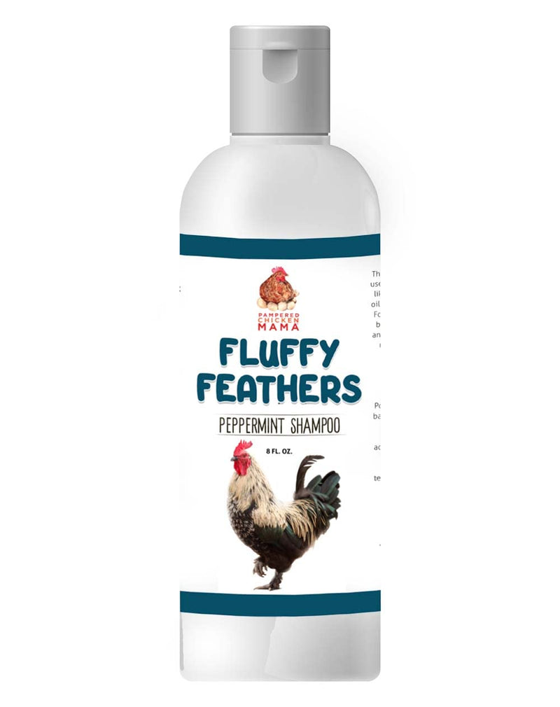 White bottle of Fluffy Feathers peppermint shampoo with rooster illustration and teal accents