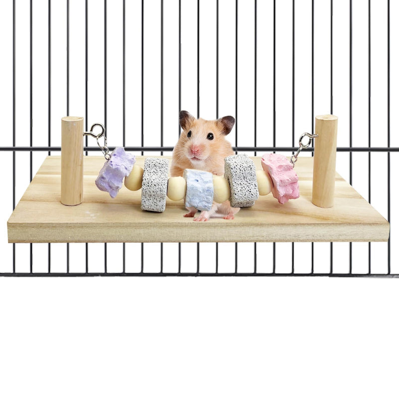 Hamster on wooden platform with lava stone chew blocks and colorful hanging mineral treats