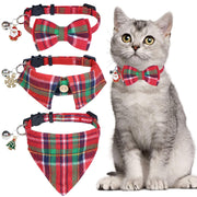 Gray tabby cat wearing red plaid Christmas bow tie collar next to three festive collar styles