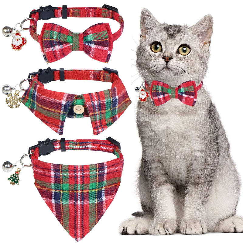 Gray tabby cat wearing red plaid Christmas bow tie collar next to three festive collar styles