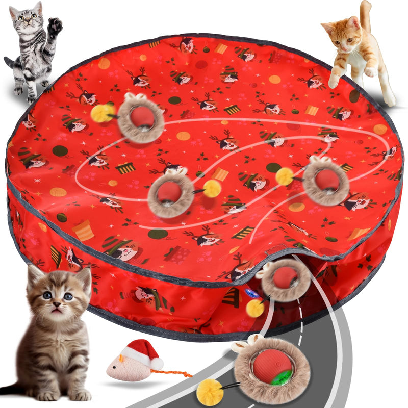 Red Christmas-themed cat play tunnel with multiple toy holes and dangling attachments