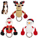 Three Christmas dog toys featuring reindeer, Santa, and snowman designs with rope legs