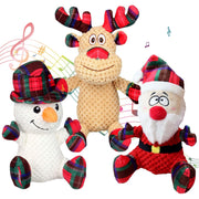 Three festive Christmas dog toys - snowman, reindeer, and Santa with colorful plaid accents and
