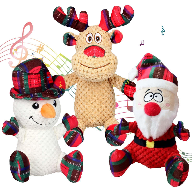 Three festive Christmas dog toys - snowman, reindeer, and Santa with colorful plaid accents and