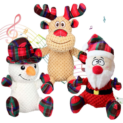 Three festive Christmas plush dog toys - snowman, reindeer, and Santa with musical notes background