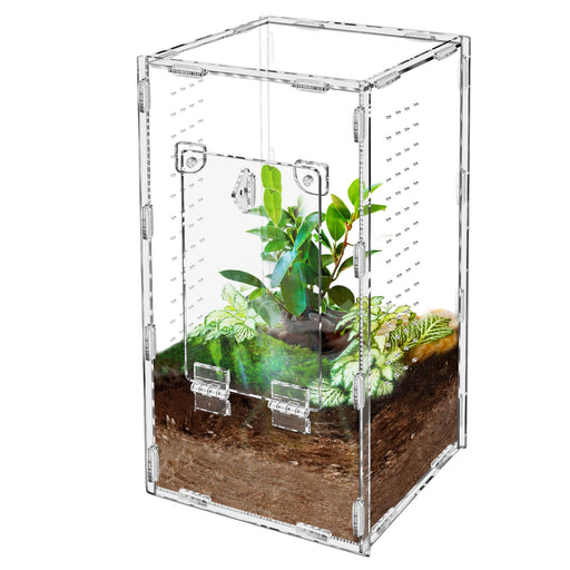 Clear acrylic terrarium with hinged front doors, containing soil and green plants with moss