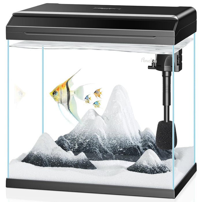Clear glass aquarium with black hood showing angelfish, white sand substrate and filter system