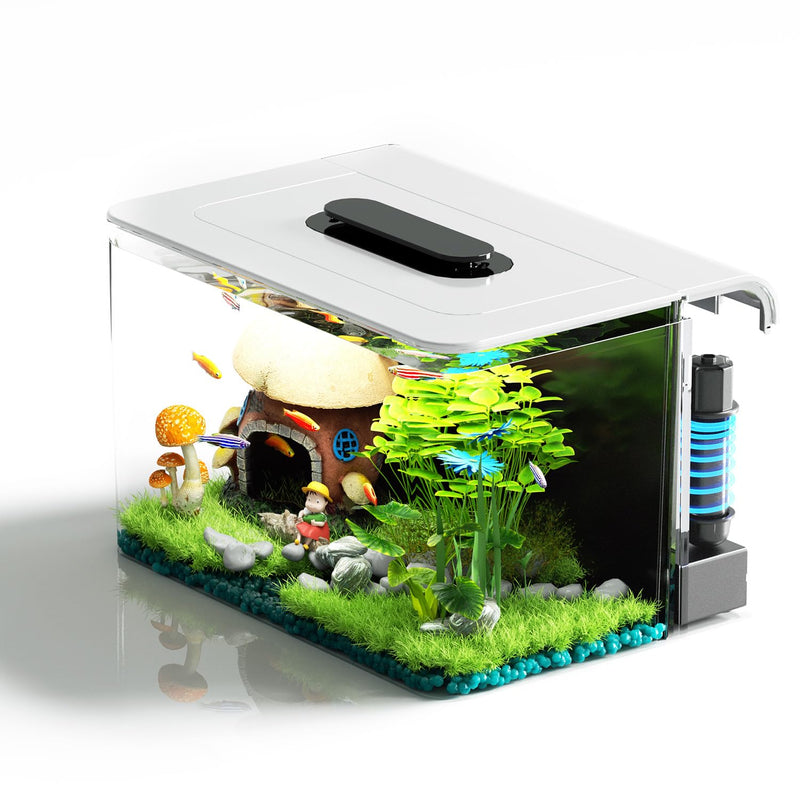Clear acrylic betta aquarium with decorative hobbit house, colorful plants, and blue filter system