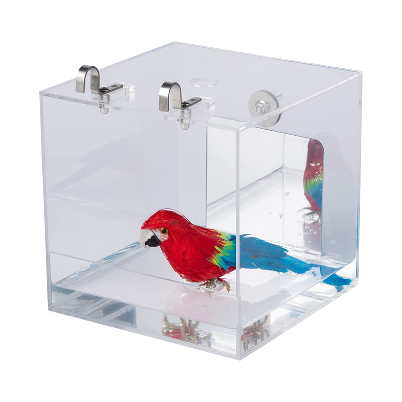 Clear acrylic bird bathtub with two colorful parrots inside, showing transparent walls and metal