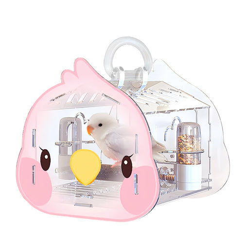 Clear acrylic bird carrier with pink accents showing white bird inside with food dispensers