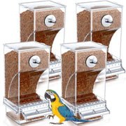 Four clear acrylic bird feeders filled with brown pellets, featuring metal dispensing mechanisms