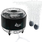 Clear dome-topped aquarium air pump with AQA logo creating bubbles in water with bio balls