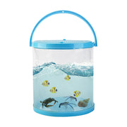 Clear cylindrical fish transport container with blue handle and lid showing underwater scene