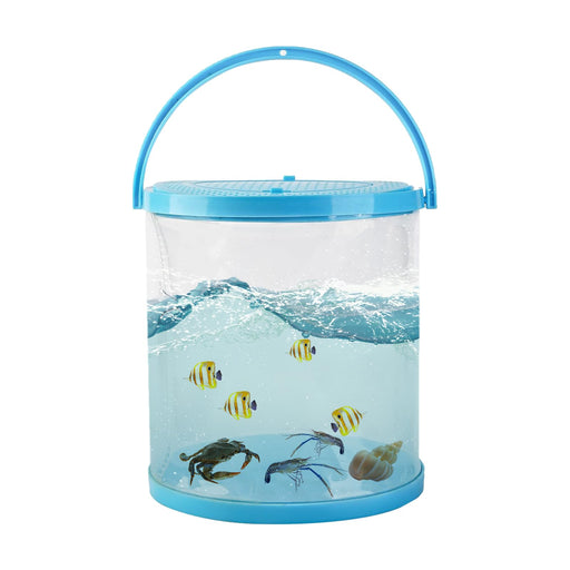 Clear cylindrical fish transport container with blue handle and lid showing underwater scene