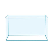 Clear glass rimless aquarium tank shown from front angle with transparent walls and open top