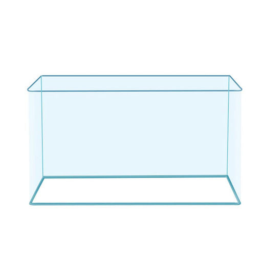 Clear glass rimless aquarium tank shown from front angle with transparent walls and open top