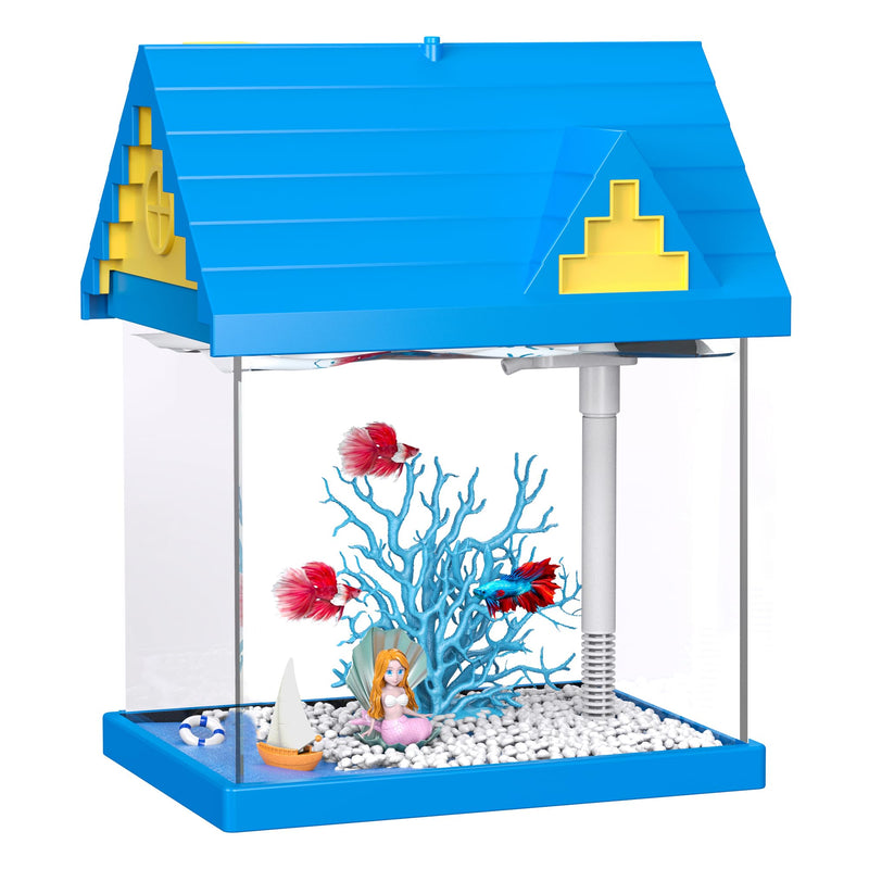 Blue 2-gallon betta fish tank with clear walls showing decorative coral, mermaid figurine, and fish