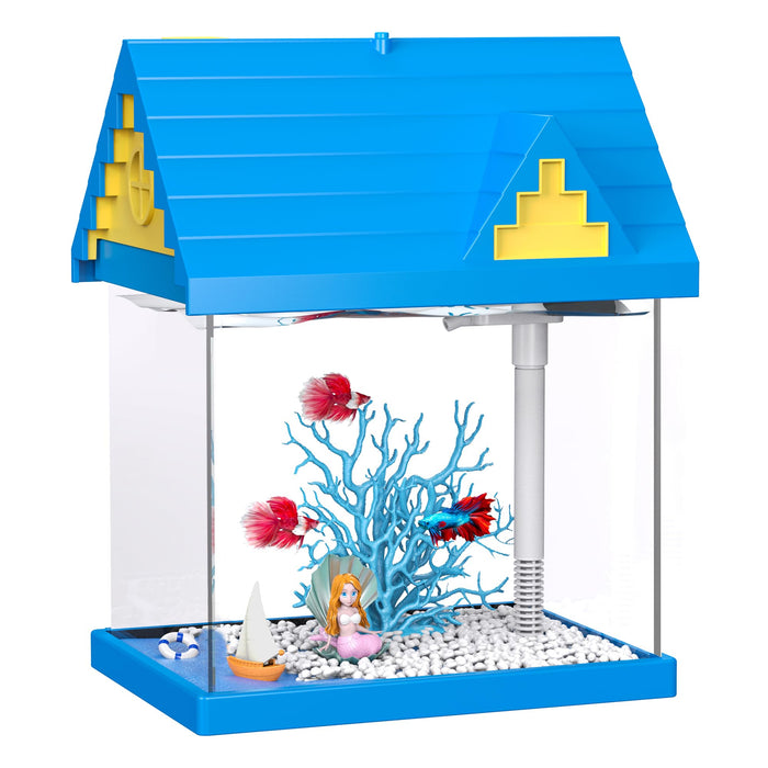 Blue 2-gallon betta fish tank with clear walls showing decorative coral, mermaid figurine, and fish