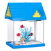 Blue 2-gallon betta fish tank with clear walls showing decorative coral, mermaid figurine, and fish