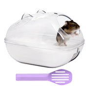 Clear dome-shaped hamster sand bath with brown and white hamster inside and purple scoop below